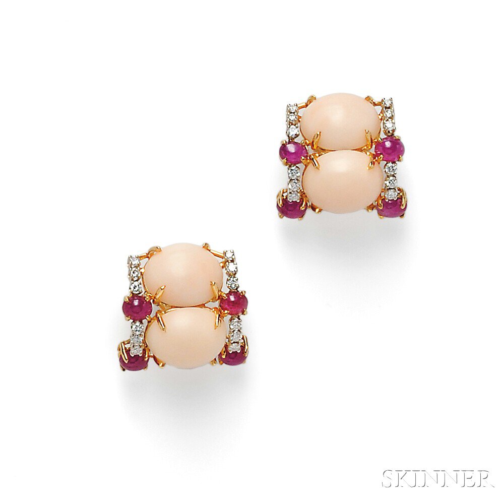 Appraisal: kt Gold Angelskin Coral Ruby and Diamond Earclips Emis each