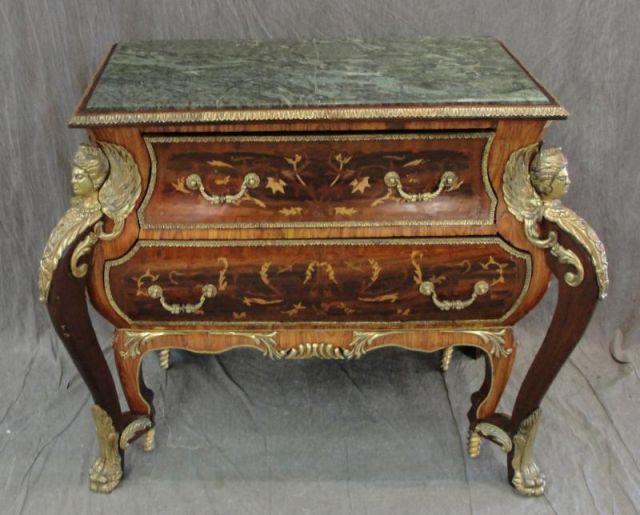 Appraisal: Marbletop Inlaid Gilt Metal Mounted Drawer Commode With figural mounts