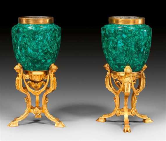 Appraisal: PAIR OF MALACHITE VASES AUX TETES DE FEMMES Louis XVI