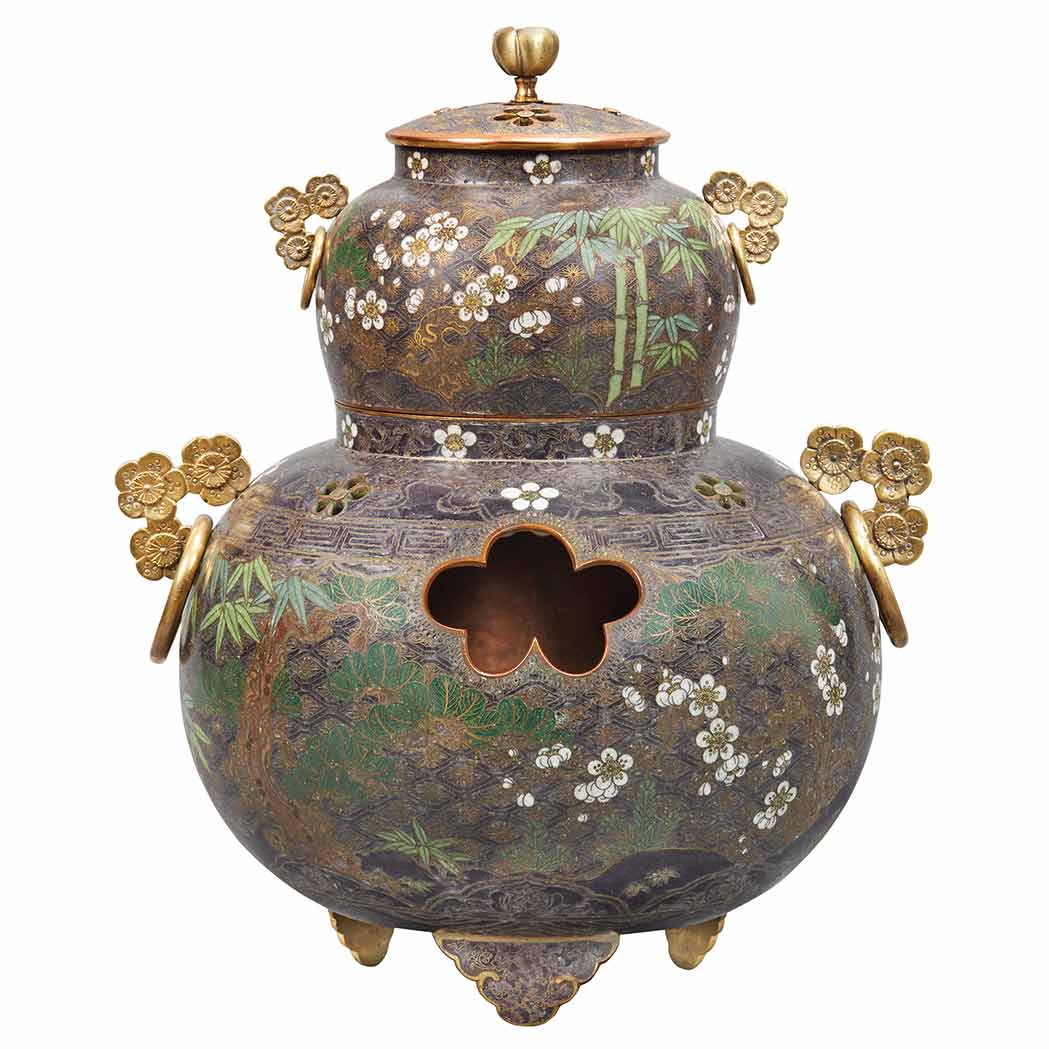 Appraisal: Japanese Double Gourd Cloisonne Censer th Century The compressed globular