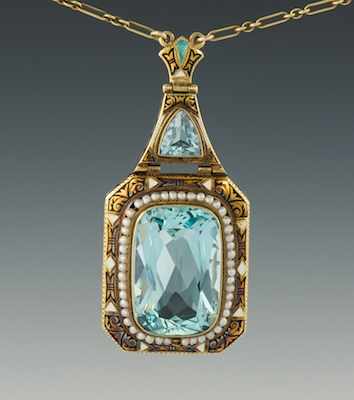 Appraisal: An Arts and Crafts Aquamarine Gold and Enamel Necklace k