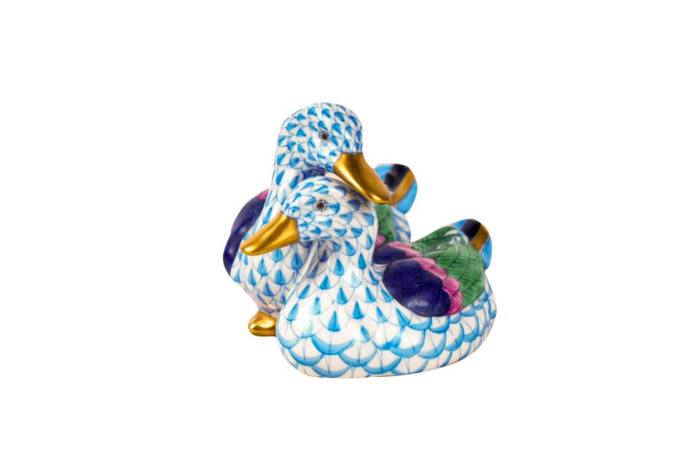 Appraisal: HEREND PORCELAIN BLUE FISHNET DUCK FIGURAL GROUPblue Herend mark to