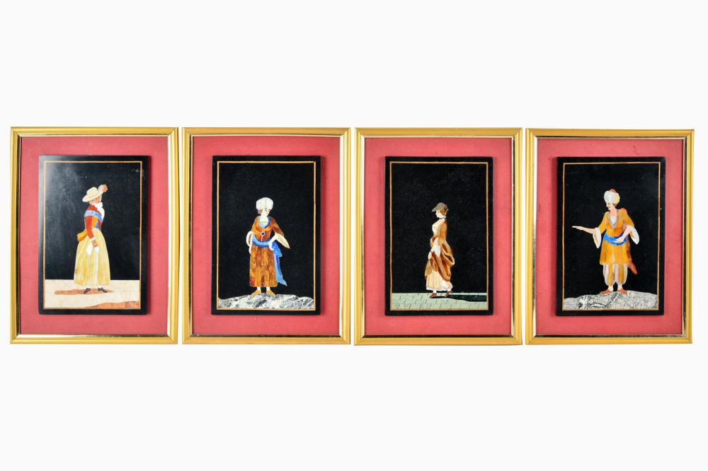 Appraisal: FOUR PIETRA DURA PLAQUESeach depicting a figure each mounted to