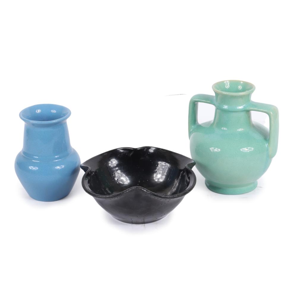 Appraisal: THREE MUNCIE ART POTTERY VESSELS IN GLOSS GREEN BLUE AND