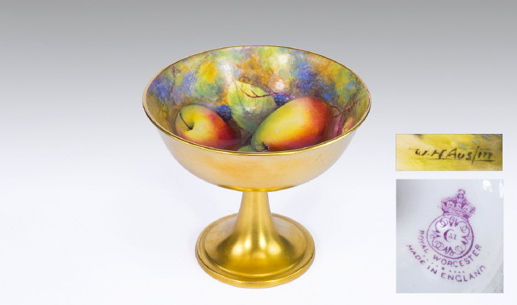 Appraisal: Royal Worcester Pedestal Dish Hand Painted Stillife Apples Berries Bracken