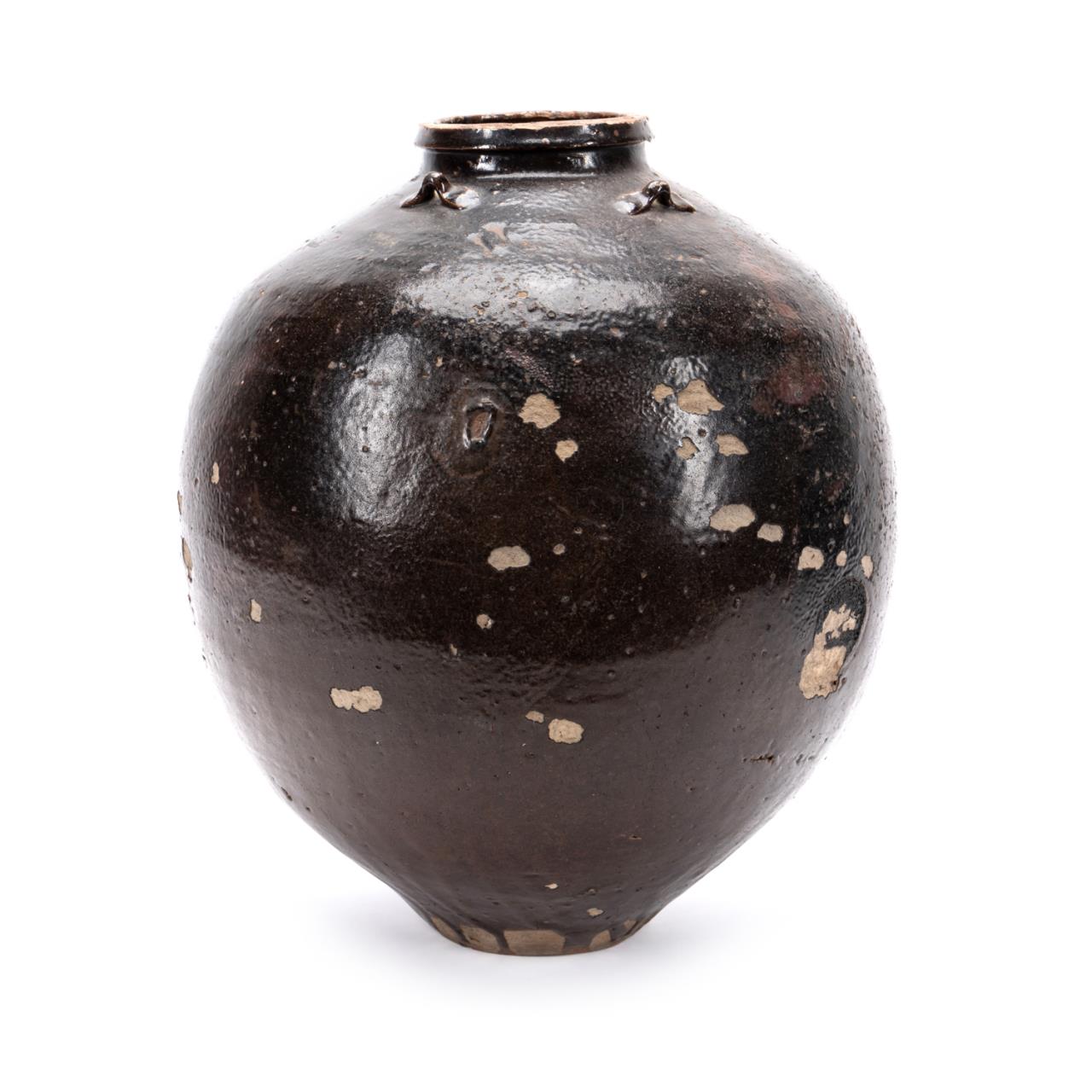 Appraisal: LARGE BROWN GLAZED POTTERY JAR WITH LUG HANDLES Likely Continental