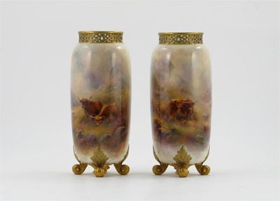 Appraisal: A pair of Royal Worcester cylindrical vases painted by Harry