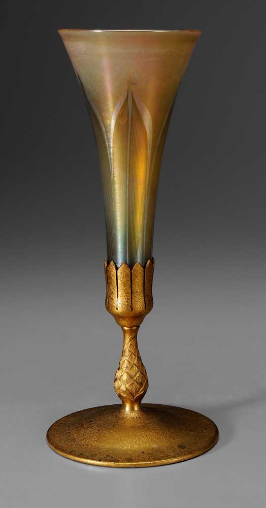 Appraisal: Tiffany Bronze-Mounted Bud Vase American th century trumpet-shaped glass vase