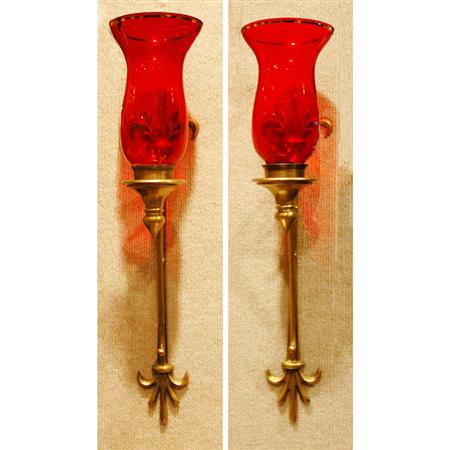 Appraisal: Pair of Victorian Brass Sconces with Ruby Glass Shades Estimate