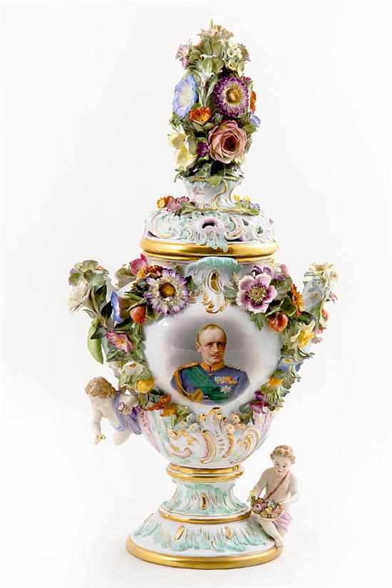 Appraisal: Meissen porcelain covered potpourri vase th century baluster form decorated