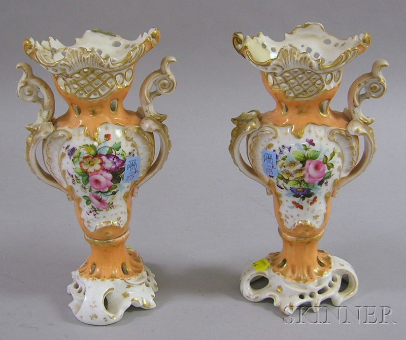 Appraisal: Pair of Paris Porcelain Gilt and Hand-painted Garniture Vases ht