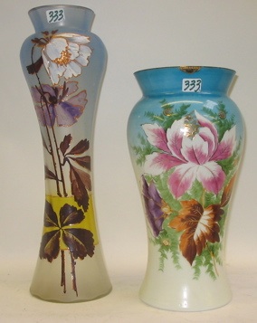 Appraisal: TWO FLORAL DECORATED GLASS VASES One is an English Bristol