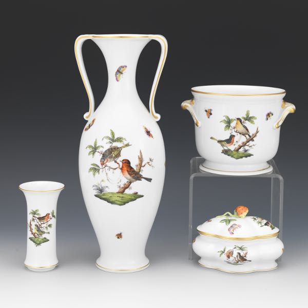 Appraisal: HEREND ROTHSCHILD BIRD TABLE ARTICLES Including an elongated porcelain vase