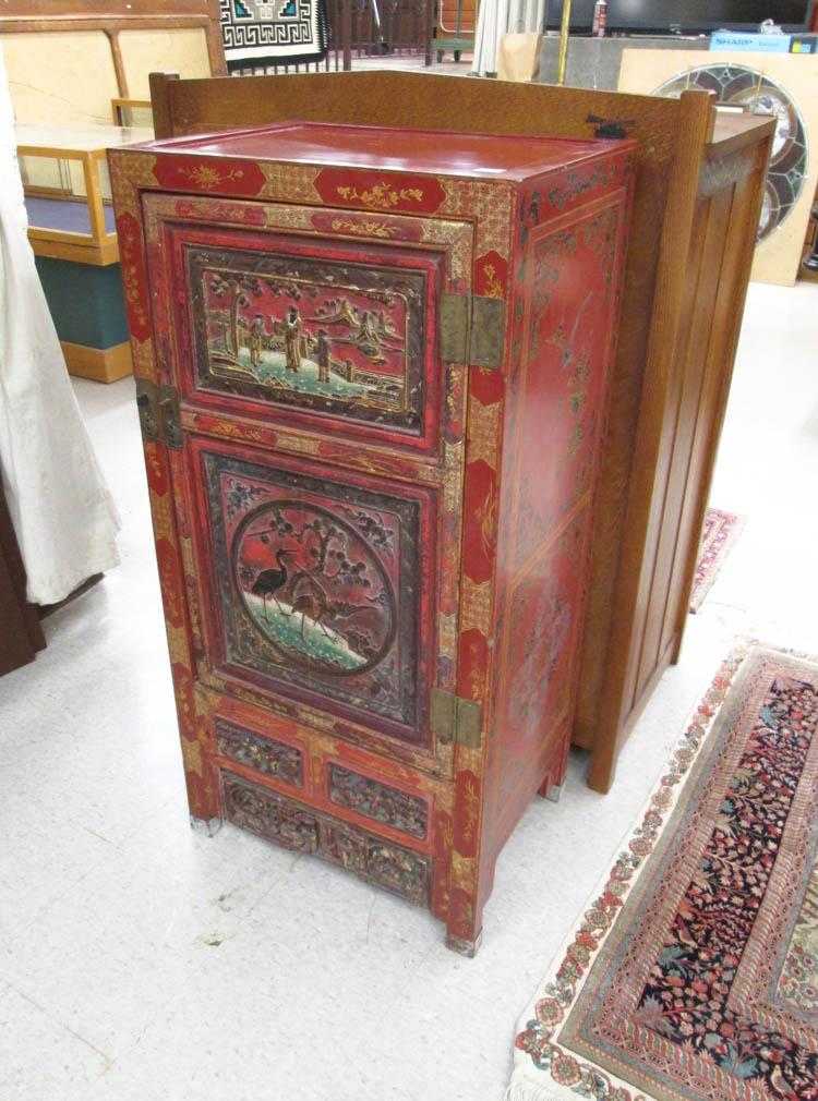 Appraisal: CARVED WOOD AND RED LACQUER SIDE CABINET Chinese th century