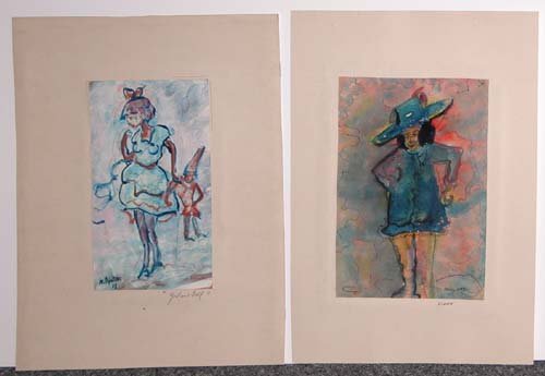 Appraisal: Two in lot - Girl and Doll Clown Watercolor on