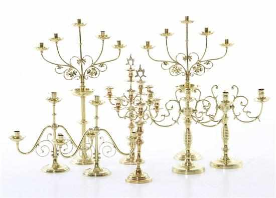 Appraisal: Ornate English brass candelabra group pair double-arm candelabra with reeded