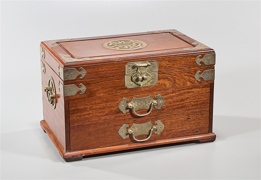 Appraisal: Chinese wood jewelry chest with brass fittings and shou character