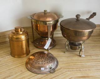 Appraisal: Pieces of Copperwar Chafing Dishes Hammered Humidor Strainer