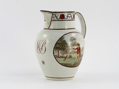 Appraisal: A pearlware hunting jug one side painted with a fox