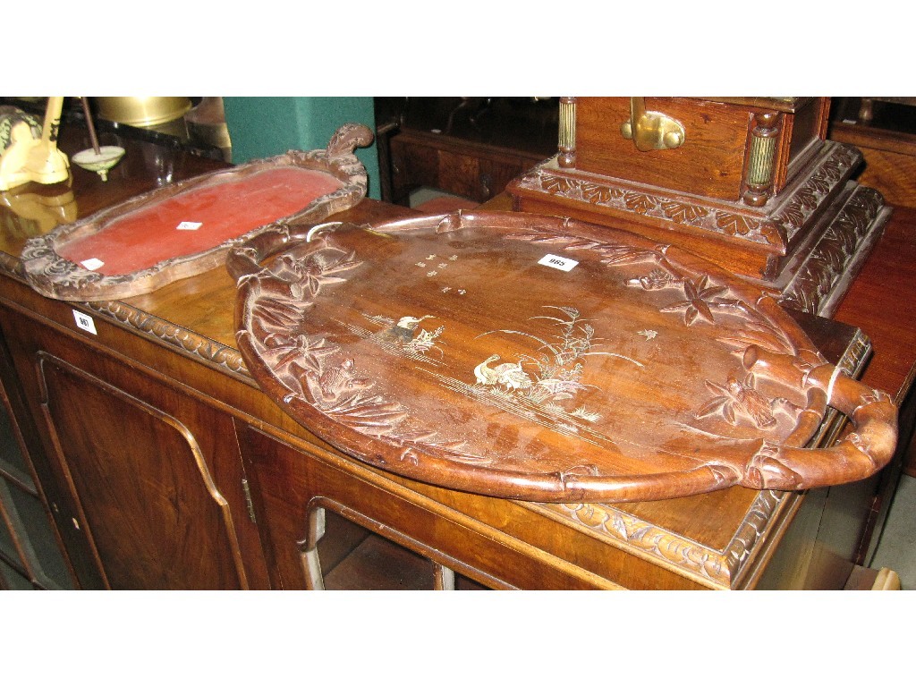 Appraisal: Lot comprising oriental carved hardwood mother of pearl inlaid tray