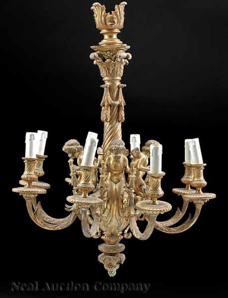 Appraisal: A Louis XV-Style Bronze Dor Eight-Light Figural Chandelier scrolled acanthus