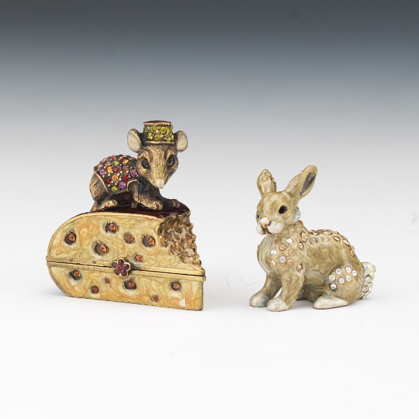 Appraisal: TWO JAY STRONGWATER MINIATURE SCULPTURES TURKISH MOUSE ON CHEESE TRINKET