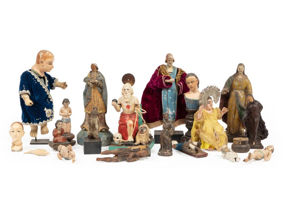 Appraisal: Group of Fifteen Carved and Polychromed Santos Figures and Parts