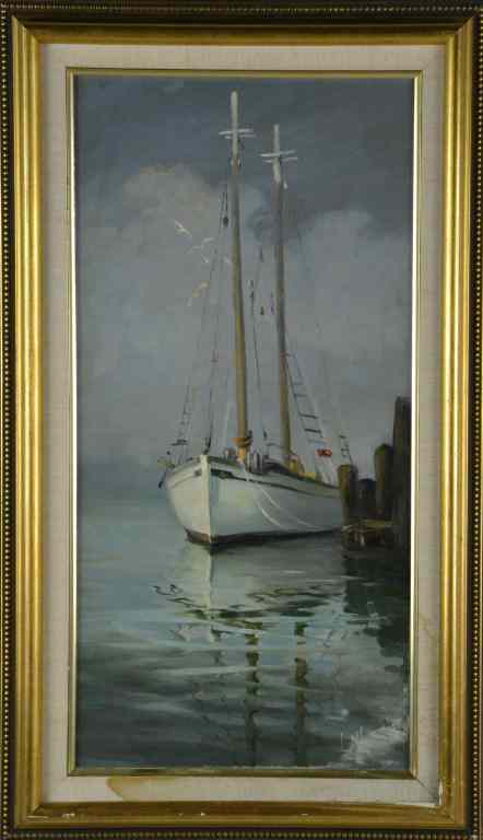 Appraisal: Joan Howe Oil Painting on CanvasDepicting a moored sailboat with