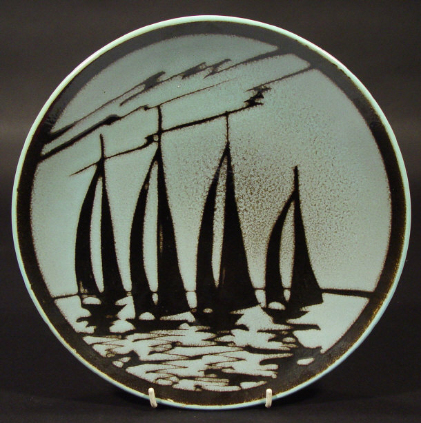 Appraisal: Poole Pottery Aegean shallow bowl decorated with moonlit sailing ships