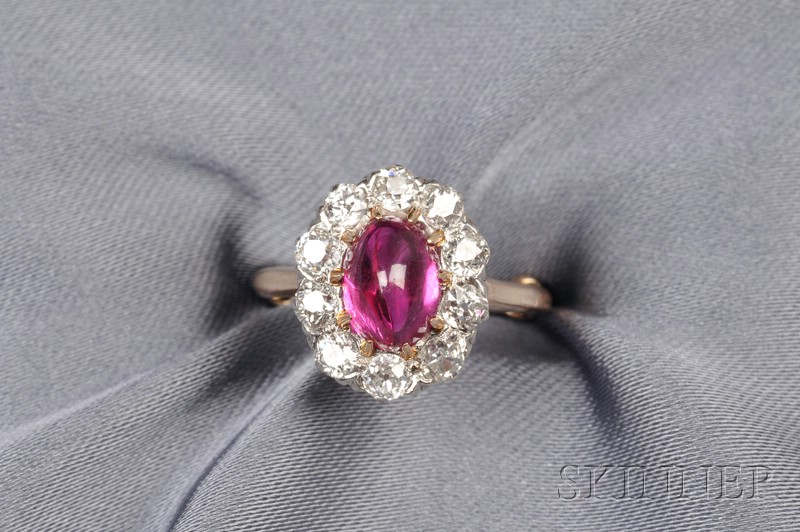 Appraisal: Antique Ruby and Diamond Ring the cabochon ruby framed by