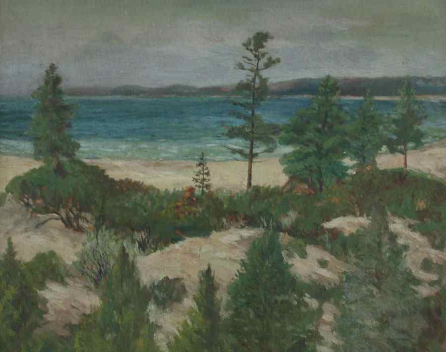 Appraisal: AMERICAN LAKESIDE BEACH SCENE OIL CANVASBOARD '' x '' possible