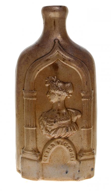 Appraisal: A SALTGLAZED BROWN STONEWARE FLASK moulded with portraits of QUEEN