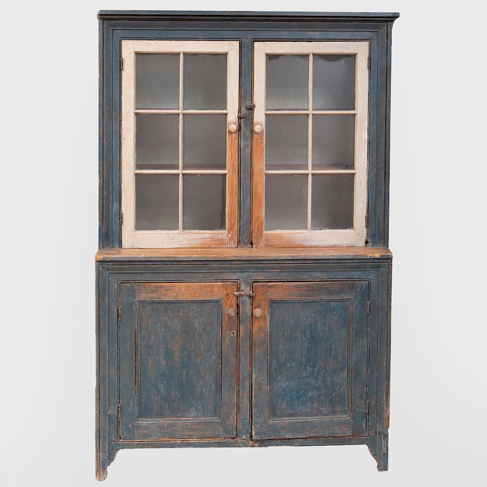 Appraisal: Hudson Valley Blue-Grey Painted and Glazed Cupboard The upper section