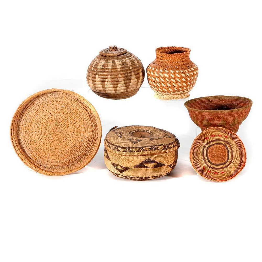 Appraisal: Six Native American baskets Six Native American baskets one with