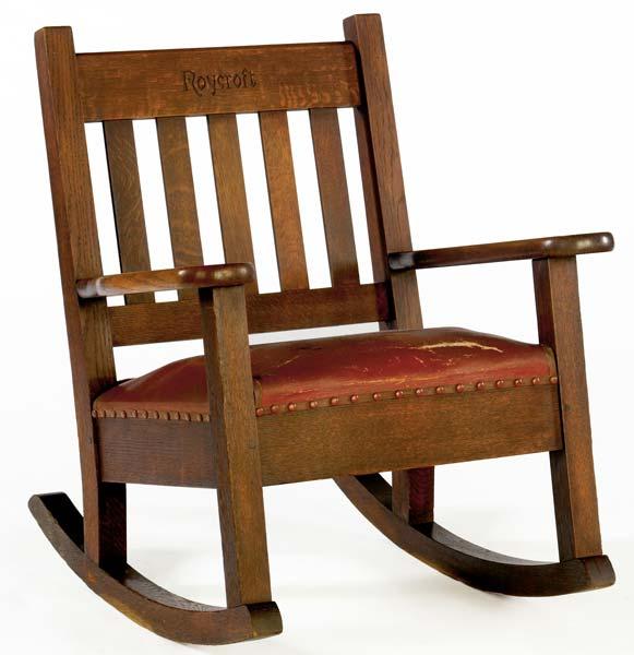 Appraisal: ROYCROFT Rocker no with tacked-on red oil-cloth seat Carved Roycroft