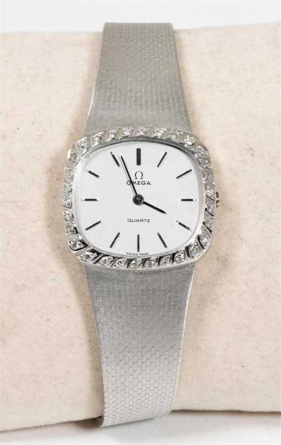 Appraisal: DIAMOND LADY'S WRISTWATCH OMEGA s White gold g Square case