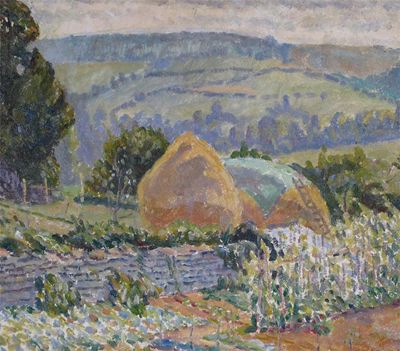 Appraisal: Vincent Henry Lines - Haystacks in a landscape Signed Oil