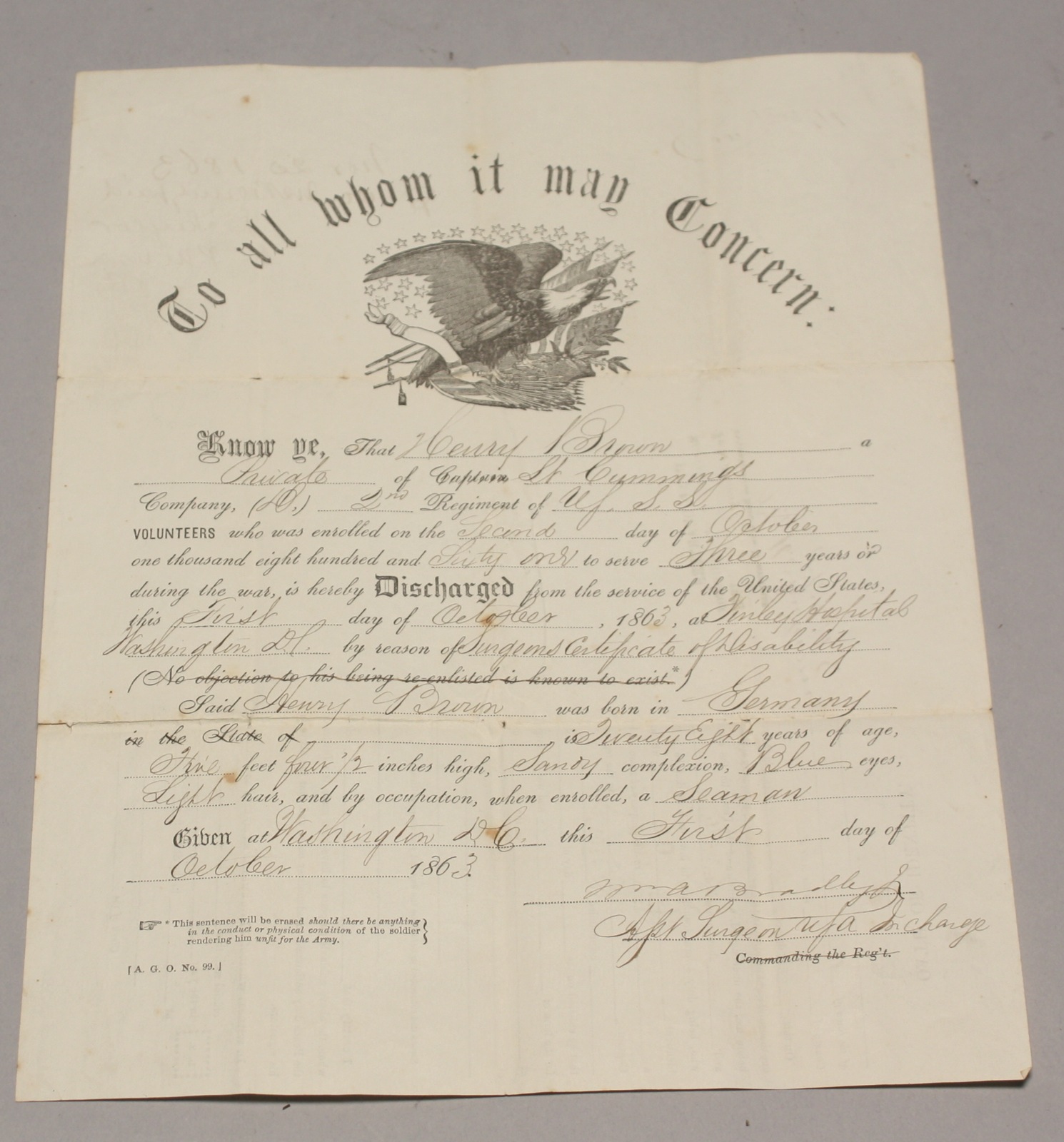 Appraisal: CIVIL WAR EAGLE MAST-HEAD DISCHARGE PAPERS FOR PRIVATE HENRY BROWN