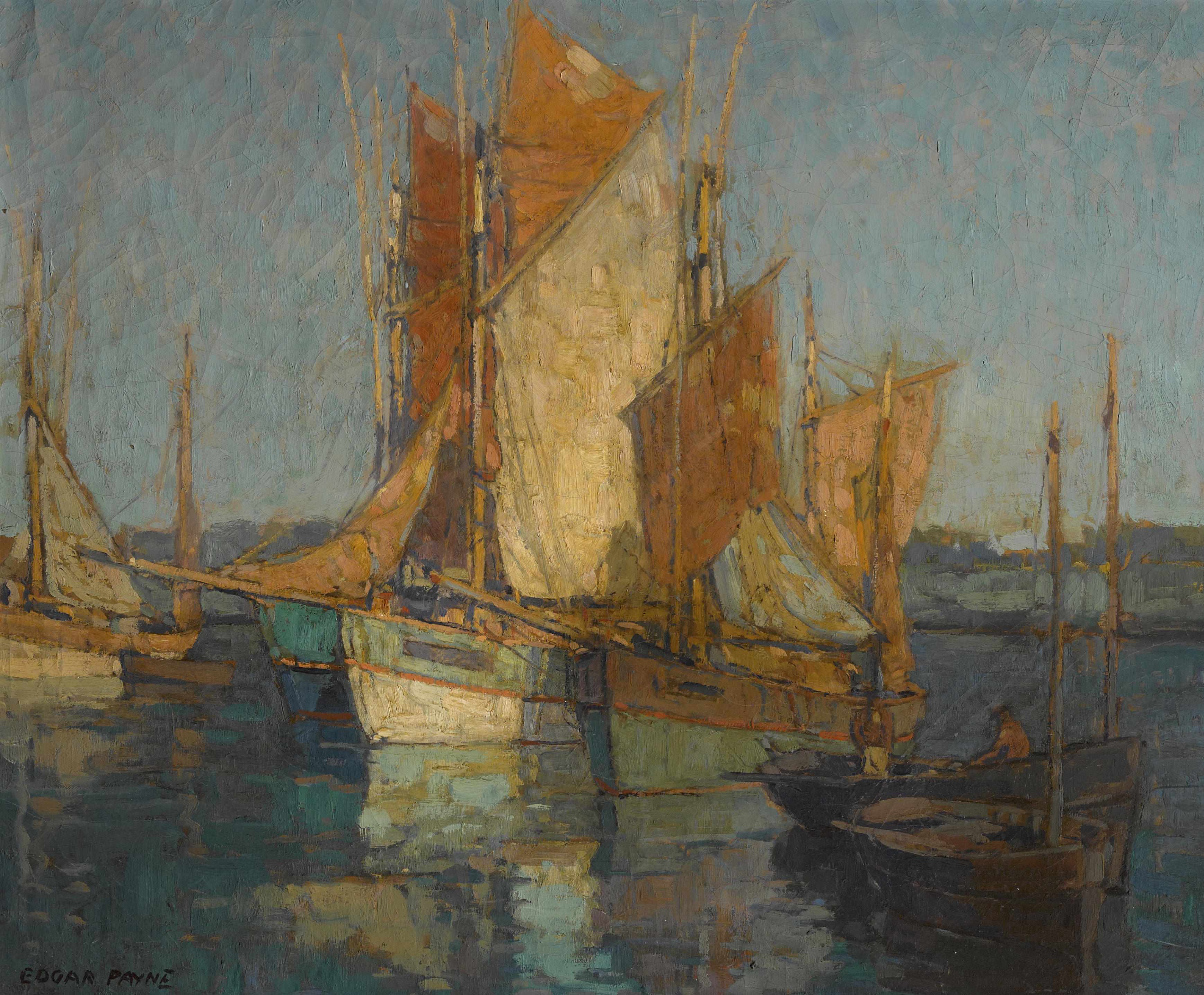 Appraisal: Edgar Payne - Sailboats in harbor signed 'Edgar Payne' lower