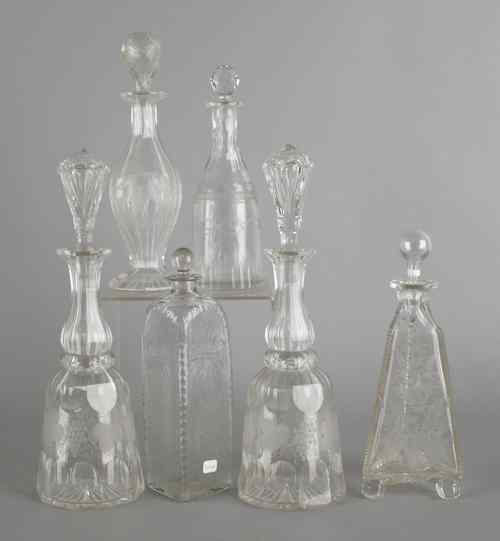 Appraisal: Six etched colorless glass decanters tallest -