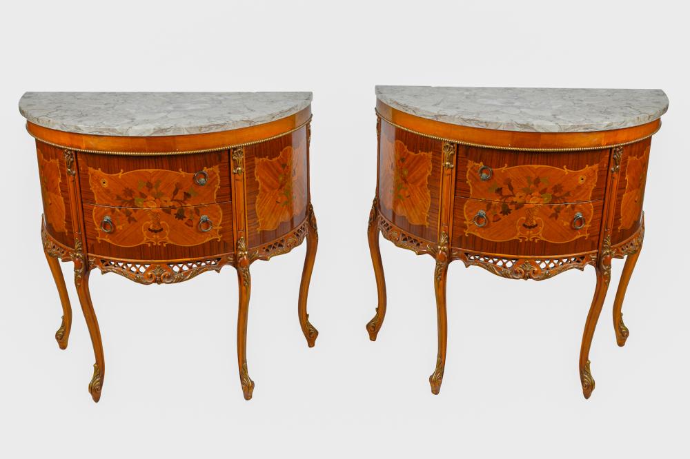 Appraisal: PAIR LOUIS XV STYLE MARQUETRY NIGHTSTANDSeach with demilune marble top