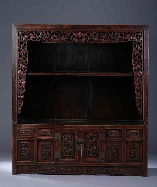 Appraisal: LARGE CHINESE ELMWOOD CABINET th century Rectangular outline with carved