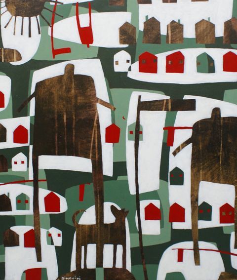 Appraisal: Susan Simonini born Suburban Sprawl acrylic on board signed 'simonini'