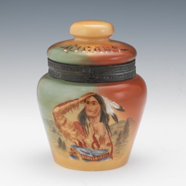 Appraisal: PJ HANDEL GLASS TOBACCO HUMIDOR WITH INDIAN x Arts Crafts