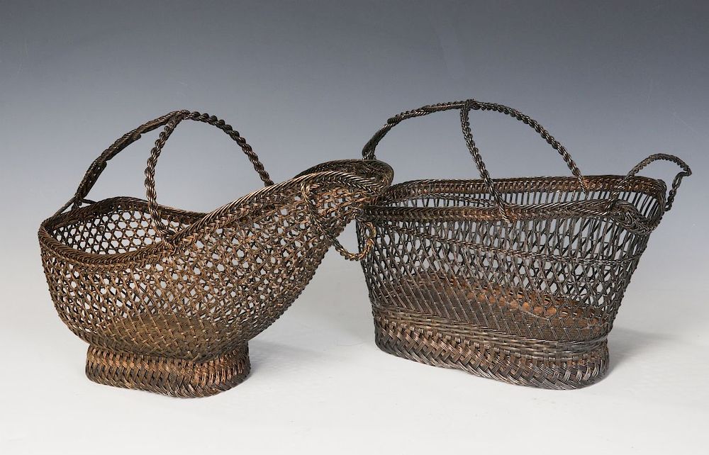 Appraisal: TWO VINTAGE WOVEN WIRE WINE BOTTLE CARRIER BASKETS Brass and