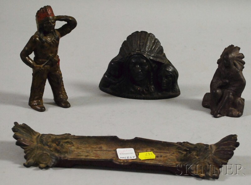 Appraisal: Three Cast Iron American Indian Figural Banks and a Pen