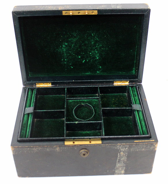 Appraisal: AN ANTIQUE GREEN LEATHER COVERED JEWELLERY BOX with fitted trays