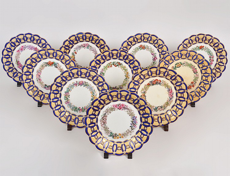 Appraisal: TEN ENGLISH MOLDED PAINTED PORCELAIN DESSERT PLATESMid to late th