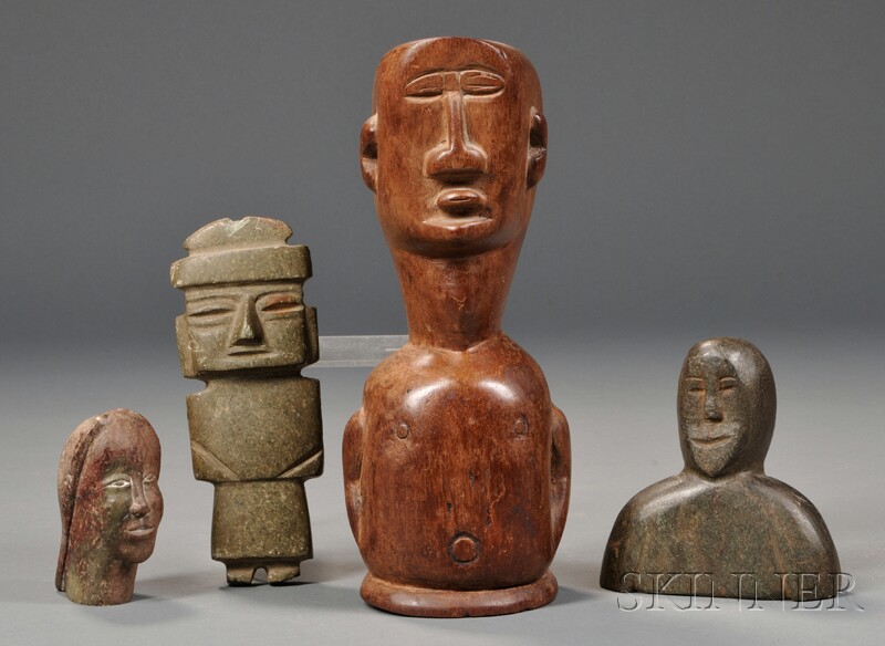 Appraisal: Four Primitive Stone and Wood Figural Carvings a stylized carved