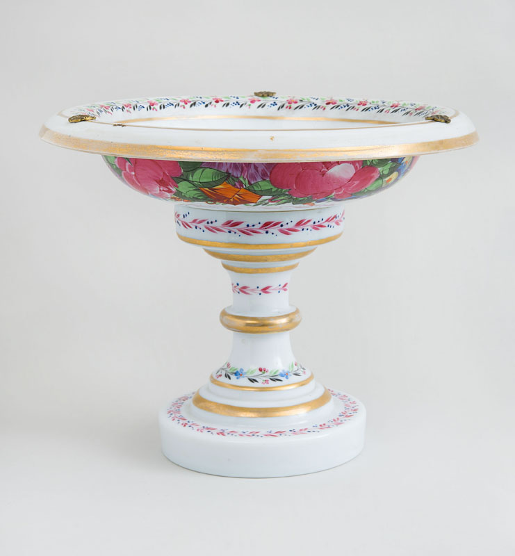 Appraisal: CONTINENTAL GILT-METAL-MOUNTED ENAMEL-PAINTED OPAQUE GLASS TWO-PIECE STEMMED COMPOTE The bowl